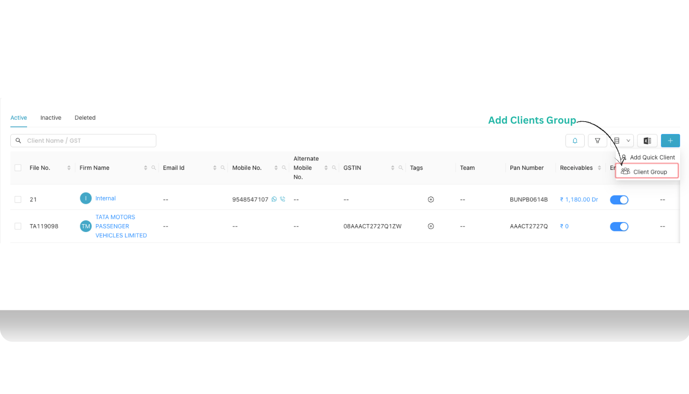 Client list with plus icon and Client Group option highlighted